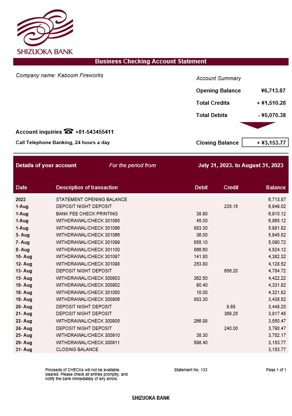Modèle Word et PDF de relevé de compte courant de l'organisation Shizuoka Bank